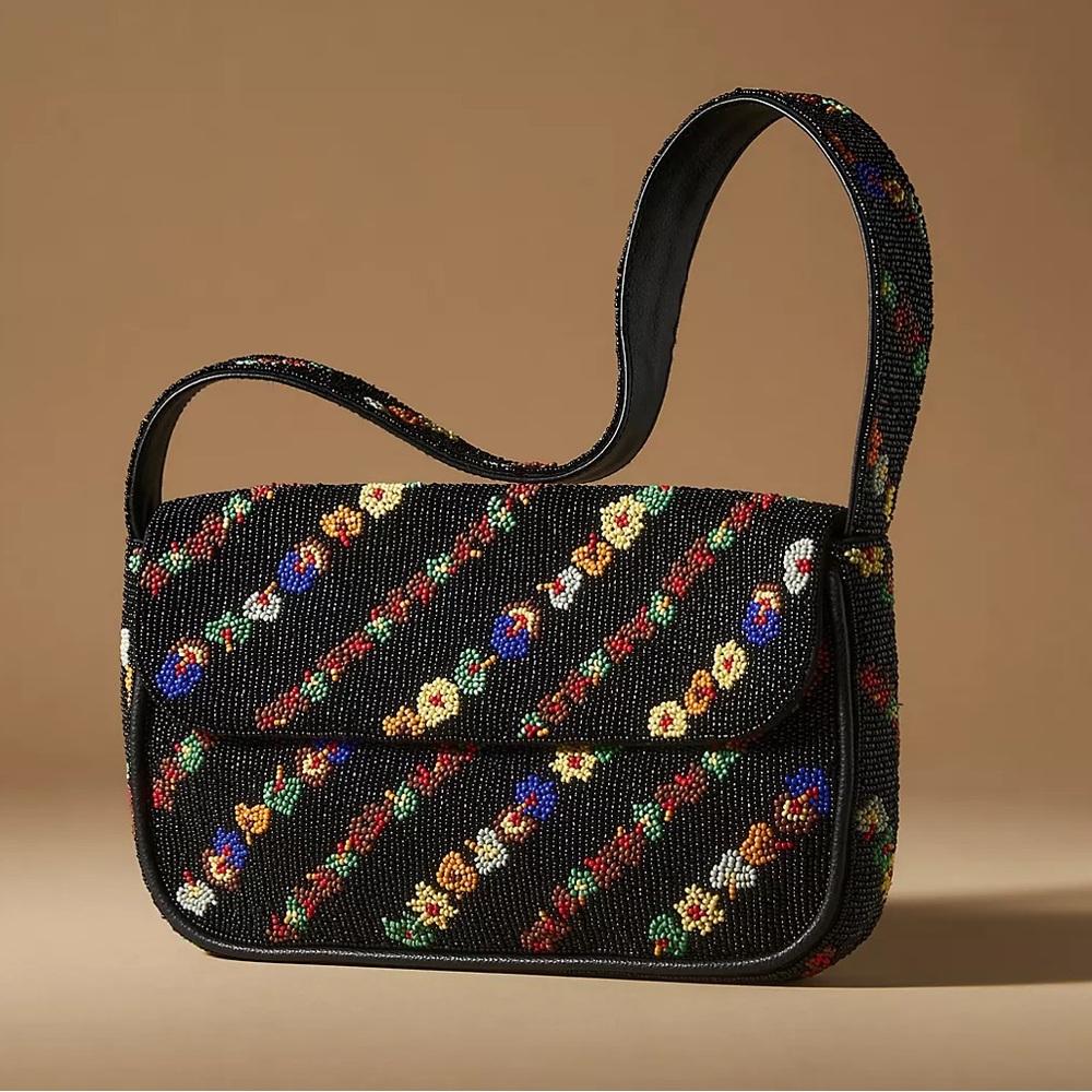 Anthropologie Fiona Beaded Shoulder Bag Floral Multicolor Black